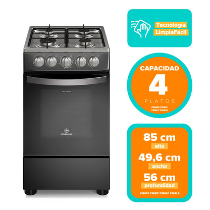 MADEMSA | Cocina a Gas 4 Platos LimpiaFácil y Parrillas Alambrón FM4IP