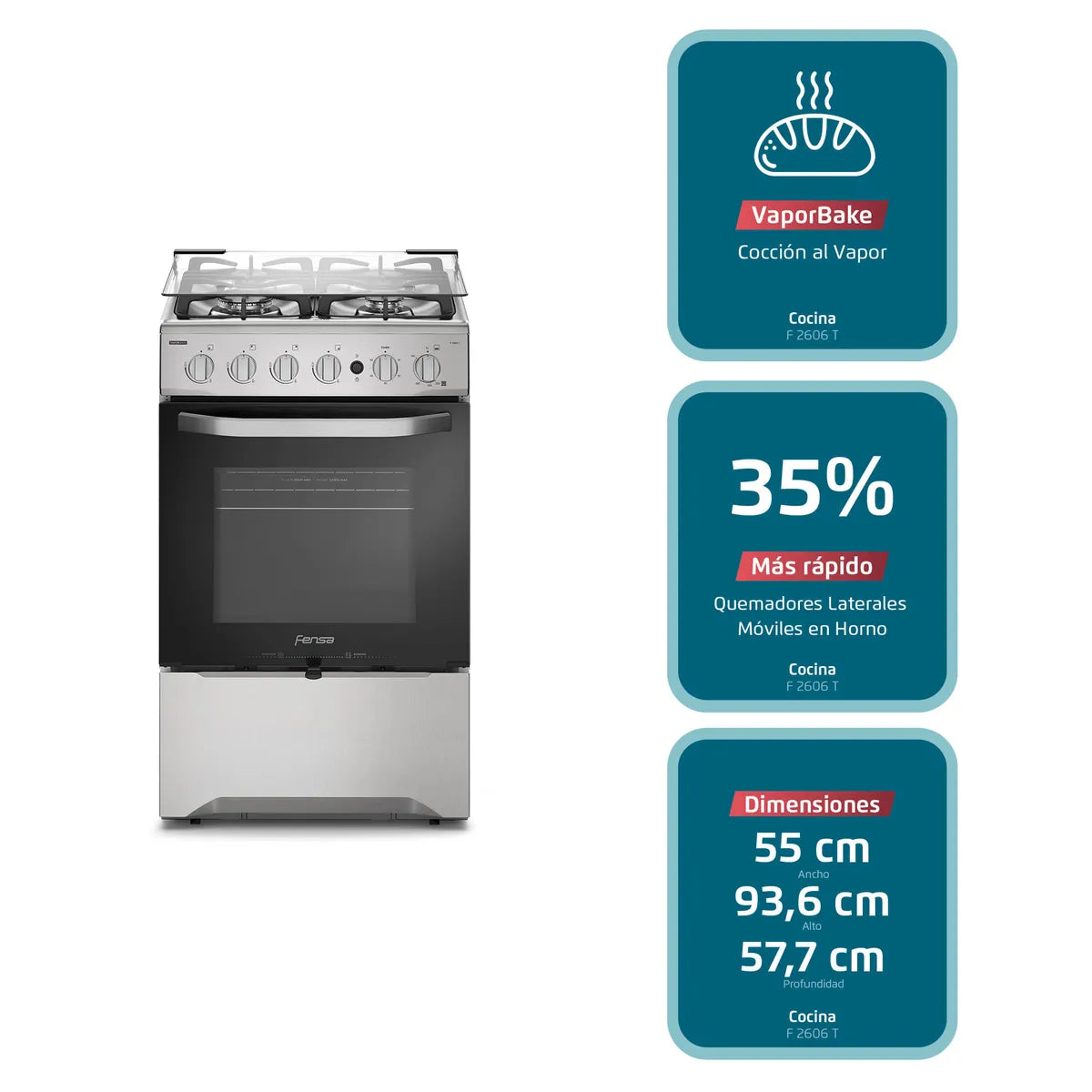 FENSA | Cocina a Gas 4 Platos Fensa VaporBake y Timer F 2606 T