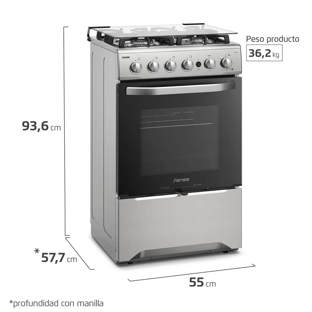 FENSA | Cocina a Gas 4 Platos Fensa VaporBake y Timer F 2606 T