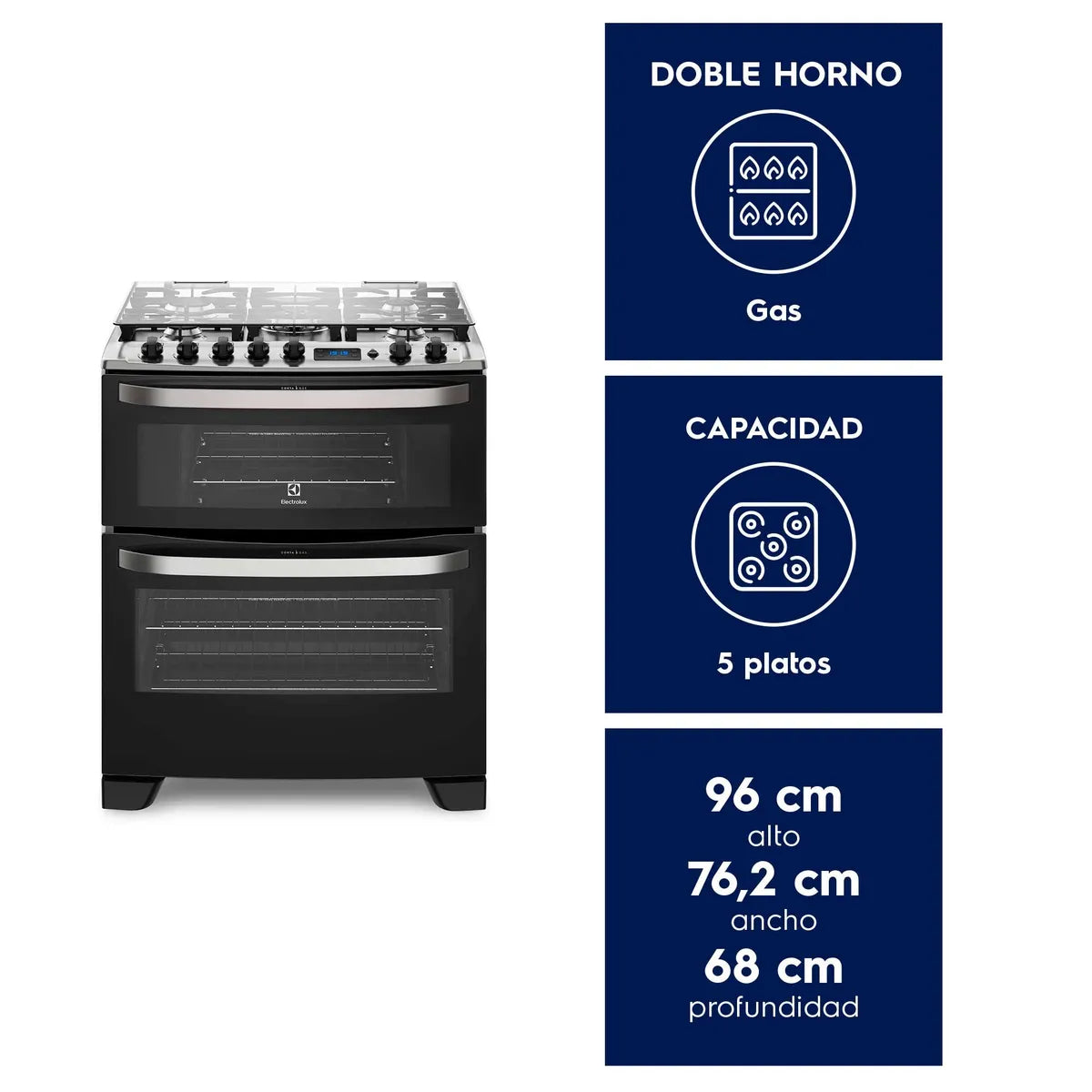 ELECTROLUX | Cocina a Gas 5 Platos Electrolux Experience Doble Horno y Timer Digital 76DBA Negra