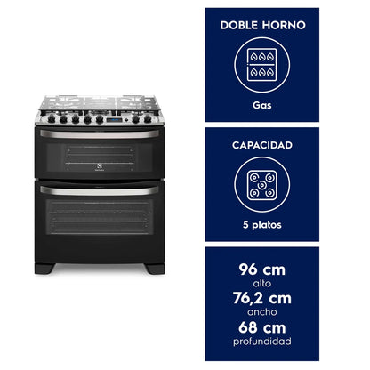 ELECTROLUX | Cocina a Gas 5 Platos Electrolux Experience Doble Horno y Timer Digital 76DBA Negra