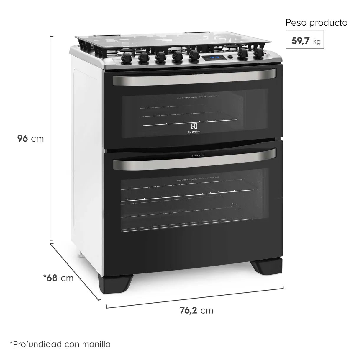 ELECTROLUX | Cocina a Gas 5 Platos Electrolux Experience Doble Horno y Timer Digital 76DBA Negra