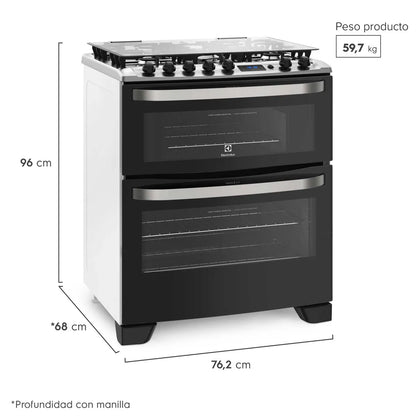 ELECTROLUX | Cocina a Gas 5 Platos Electrolux Experience Doble Horno y Timer Digital 76DBA Negra