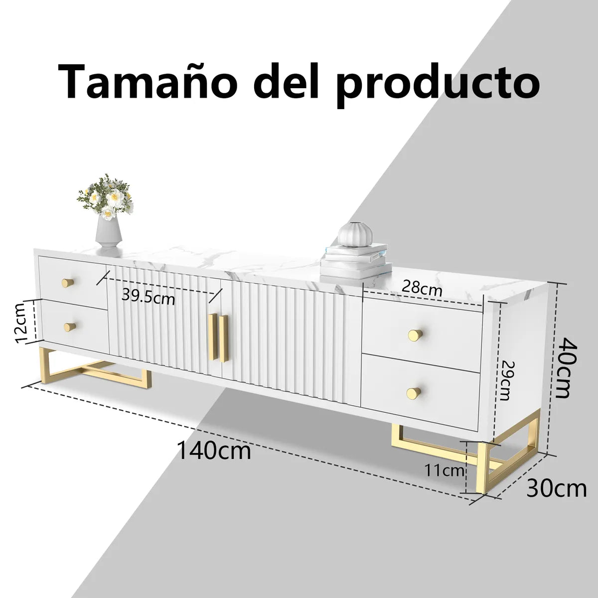 AIZO | Mueble Para TV 140x30x40cm Con 2 Puertas y 4 Cajones Melamina