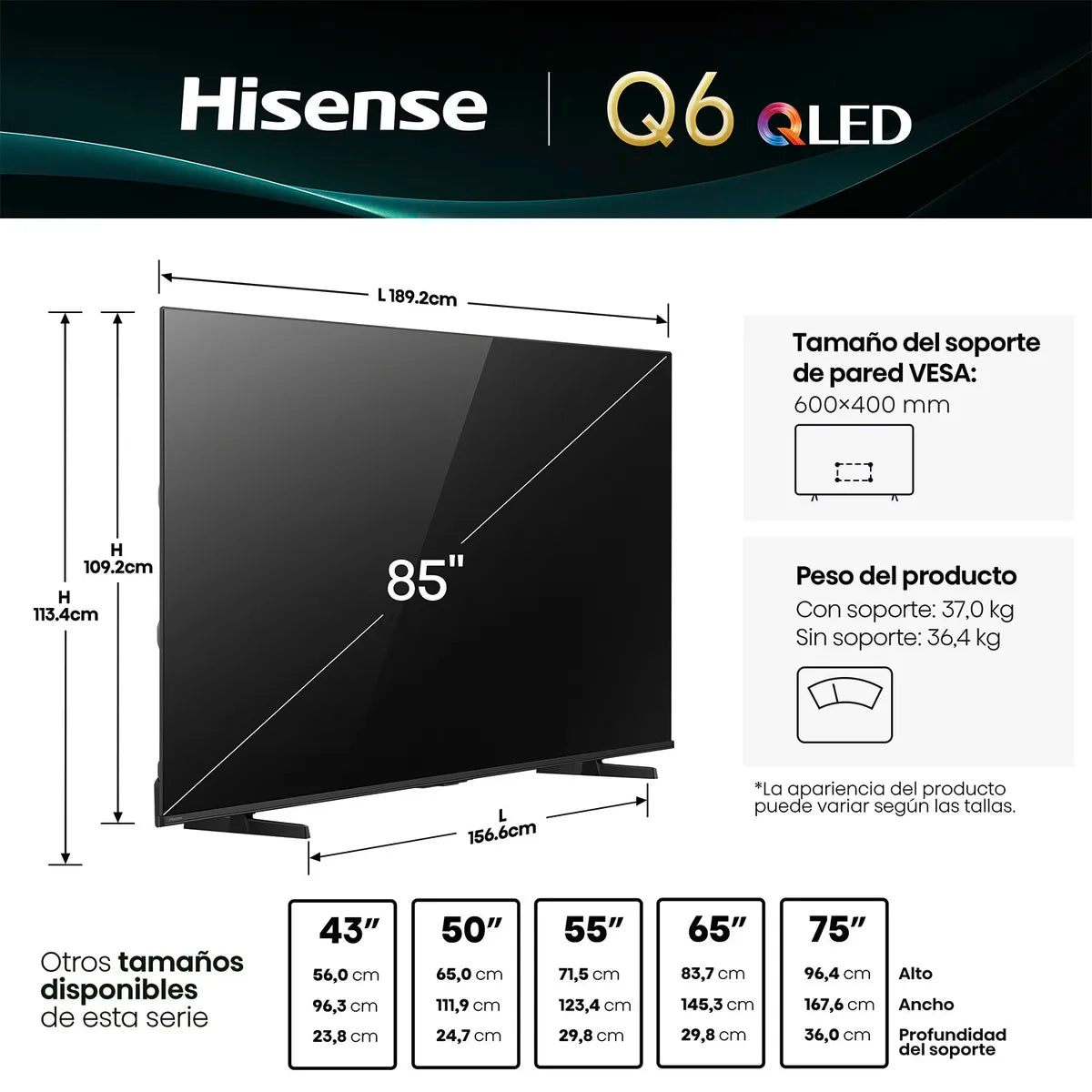 HISENSE | Smart Tv 85" QLED 4K UHD 85Q6QV Hisense